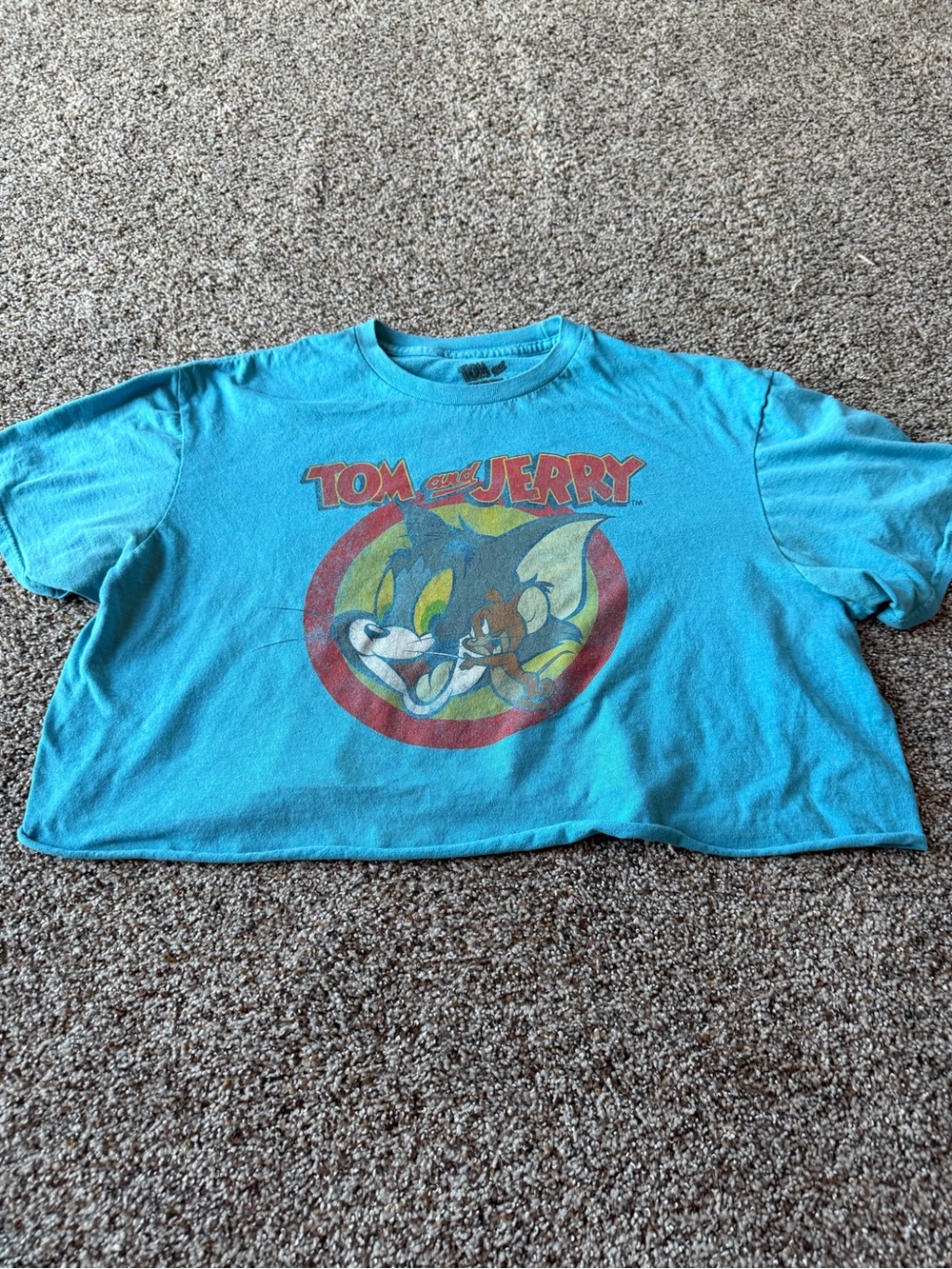Tom & Jerry Large Turquoise Oversized Cropped Distressed Graphic Tee